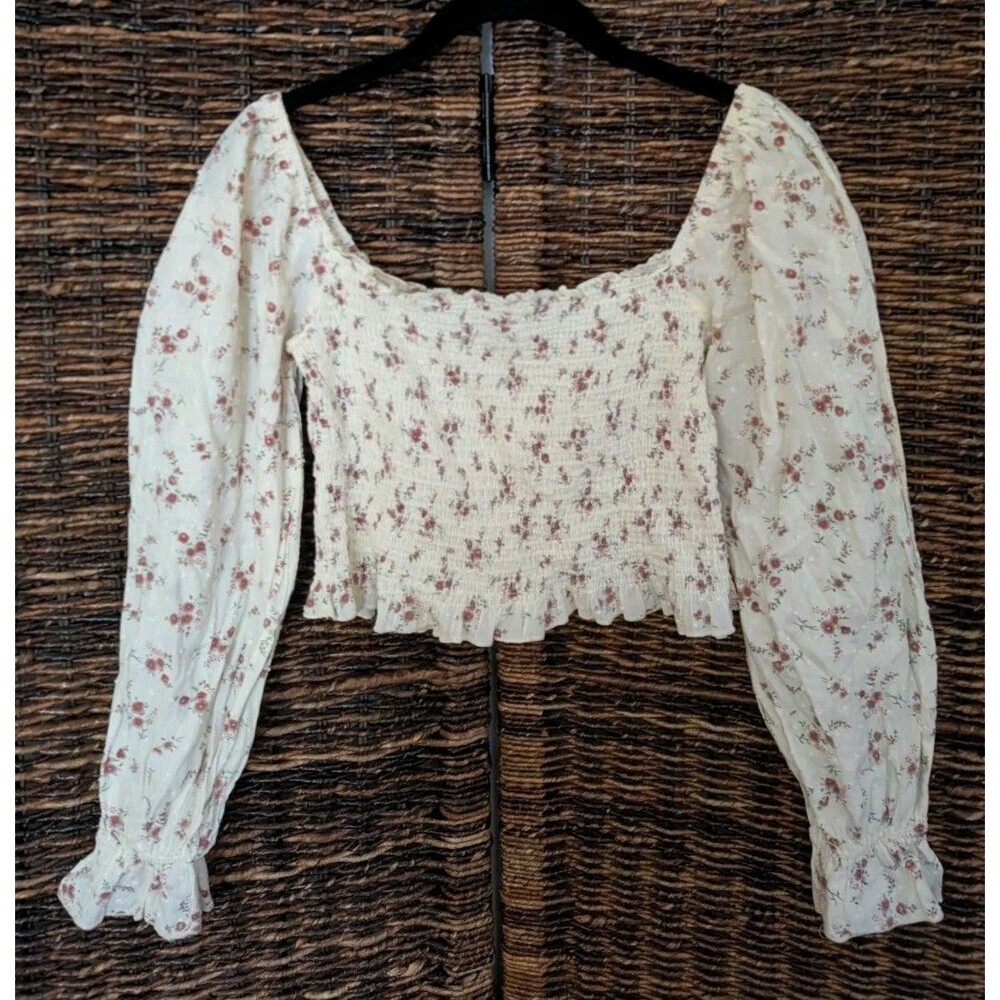 Y2K Balloon Sleeve Smocked Crop Top 90s Shirt Fairy Cottagecore Swiss Dot Ruffle